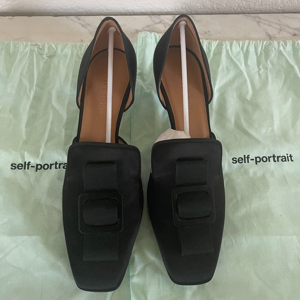 NEW Self-Portrait 'Claudia' Heels Black Satin Tuxedo Mules Slip-On - size 38